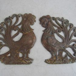 Vintage Cast Iron Copper Plated Rooster & Hen Farm House Wall Plaques


