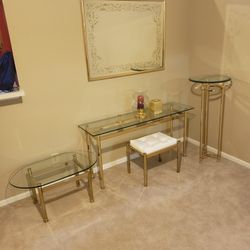 Antique Brass And Glass Tables Mirror & Bench Set