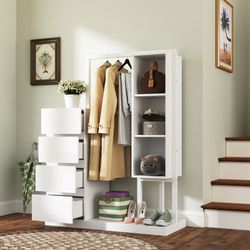 Wardrobe with Hanging Rack & Shelves, 4 Drawers Wardrobe with Storage Shelves for Bedroom, Wardrobe Closet Organizer for Hanging Clothing with Drawers