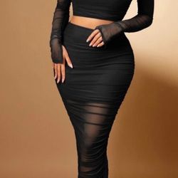 Silquee Off Shoulder Crop Top & Ruched Pencil Skirt
