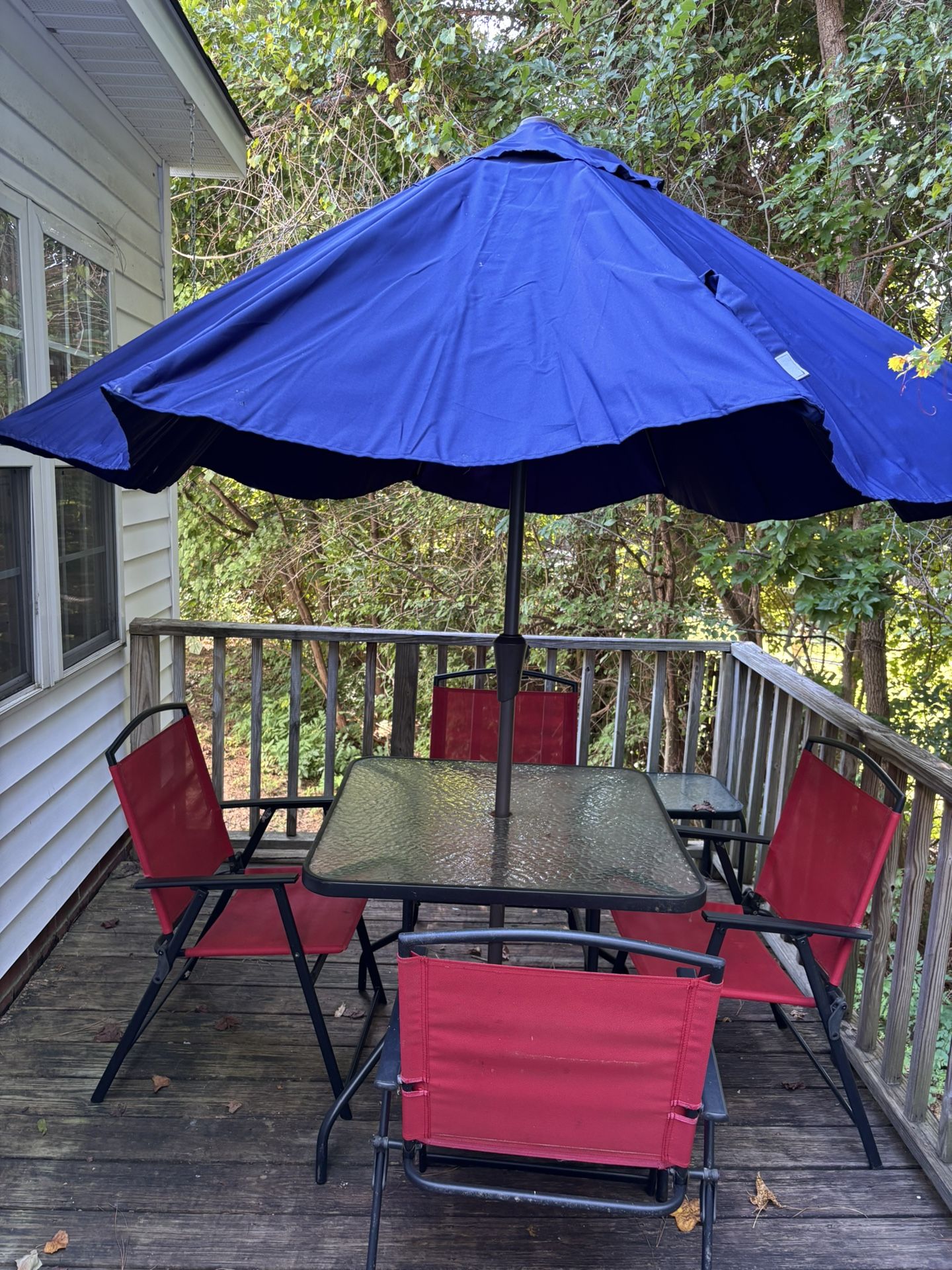 patio Table and four chairs with umbrella and stand