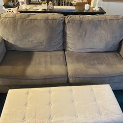 Grey Loveseat & Cream Ottoman 