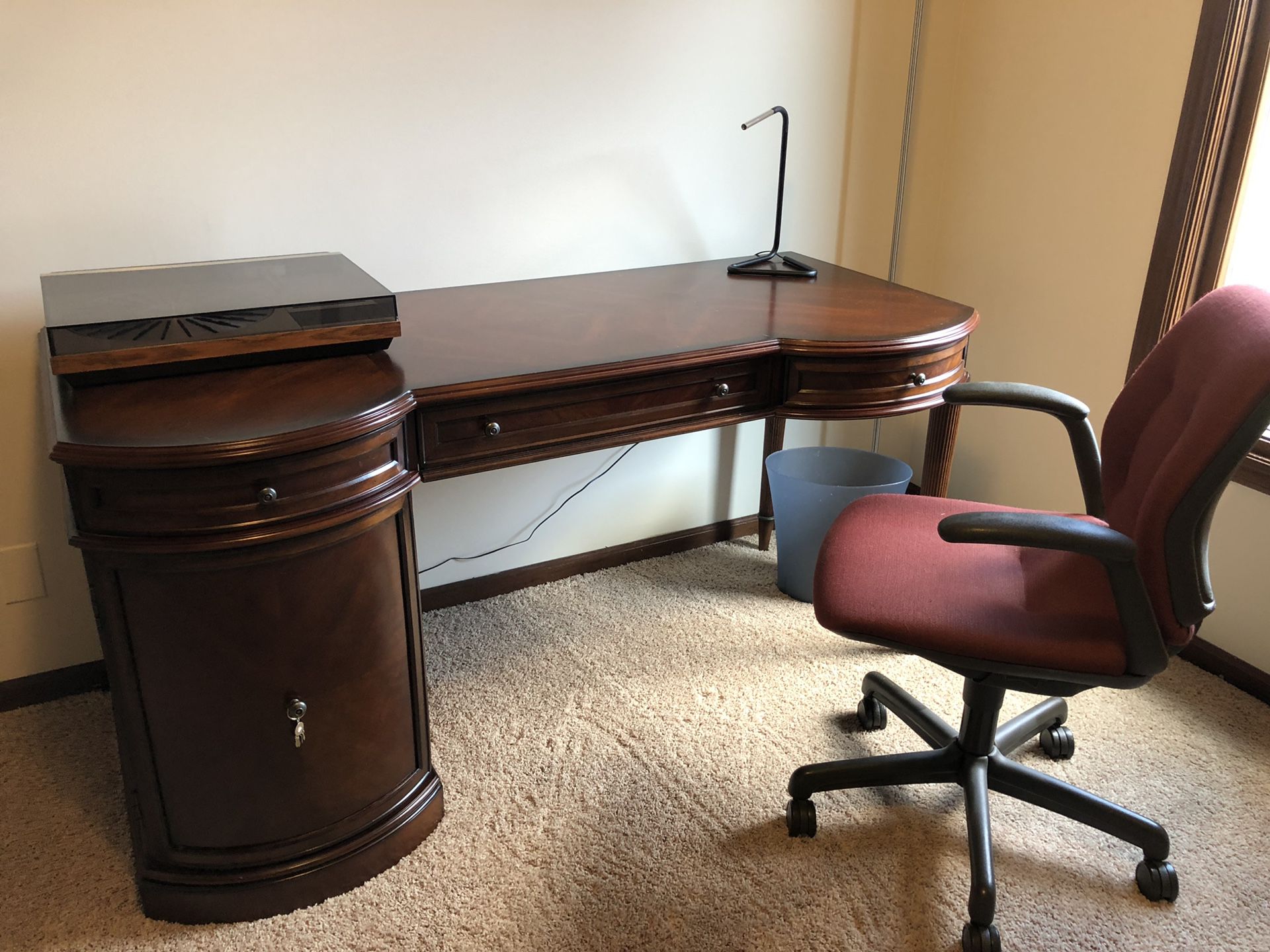 Cherry desk 60 inches wide 25 inches deep. with Chair and floor Lamp