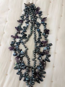Multi-Strand Dark Pearl and Amethyst Necklace