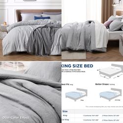 King Size Comforter Set - Grey King Comforter Set, Soft Bedding for All Seasons, Cationic Dyed Bedding Set, 3 Pieces, 1 Comforter (104"x90") and 2 Pil