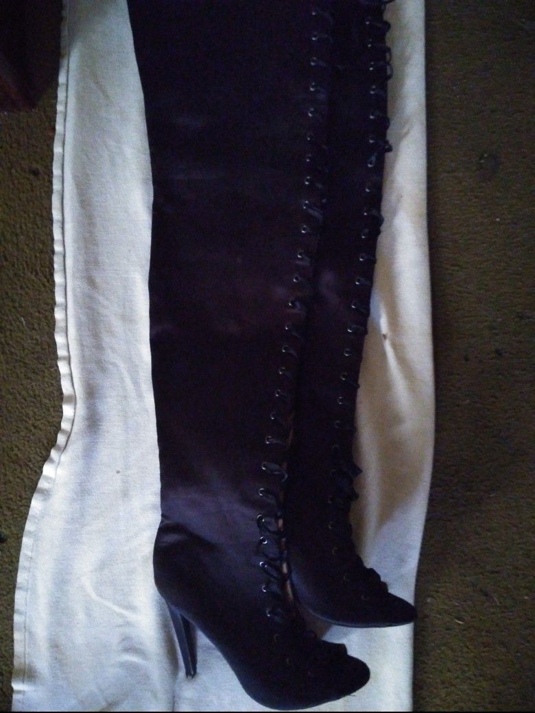 Black Satin Lace-Up Stiletto Boots with Ankle Zipper Size 8