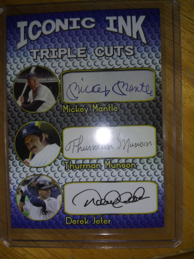 Signed baseball card Derek Jeter Mickey Mantle Thurman Monson