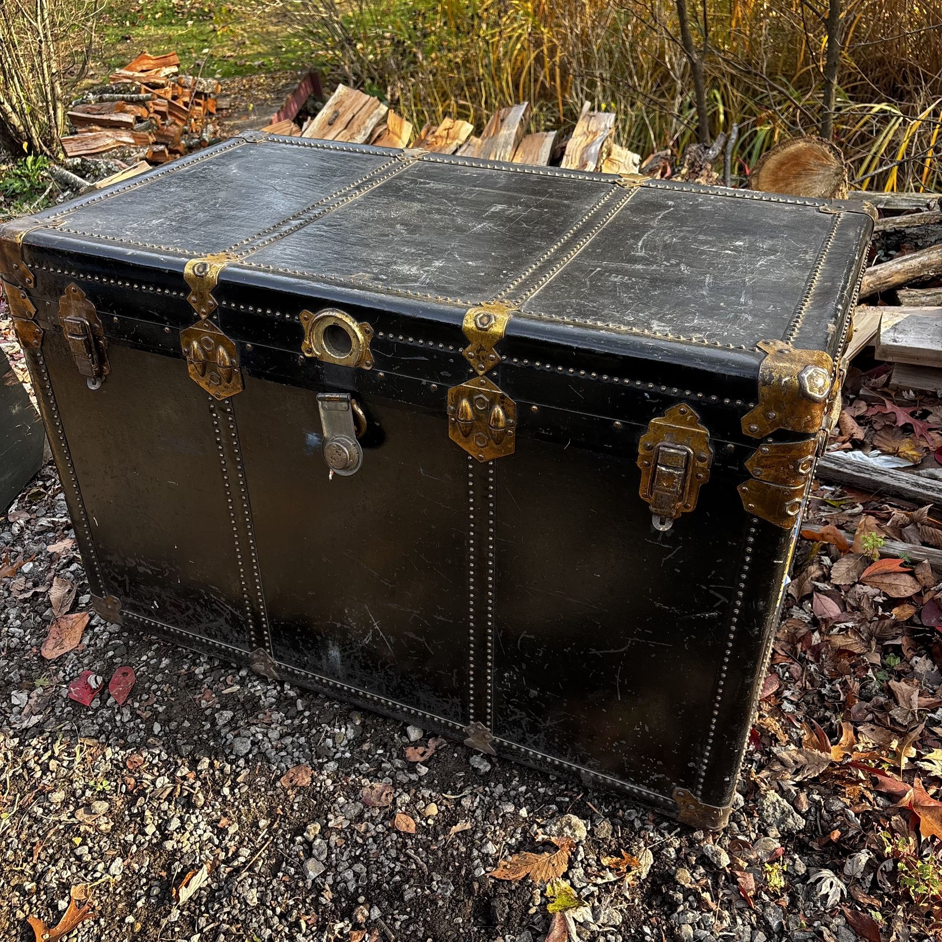 Antique 1920s Kaufmann & Baer Steamer Trunk Black Metal Brass Hardware Excelsior