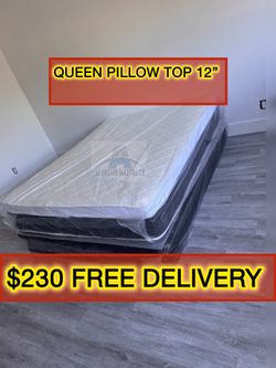 Queen mattress pillow top set with box spring (2pc - new)