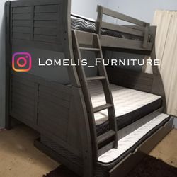 Twin/Full/Twin Gray Hoover Collection Bunk bed w. Orthopedic Mattresses Included 