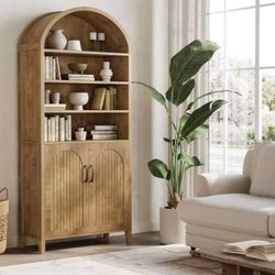 LD0045 70.9 Inches Tall Arched Bookcase, 8-Tier Bookshelf with Doors & Removable Shelves, Farmhouse Big Bookcase for Living Room, Large Vertical Stora