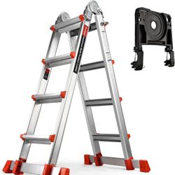 A Frame 4 Step Extension Ladder, 14 Ft with Multi Position & Removable Tool Tray with Stabilizer Bar, 330 lbs Weight Rating Telescoping Ladder for Hou