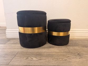 Set of 2 Black Velvet Storage Ottomans with Gold Trim