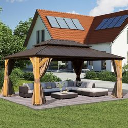 12x16FT Cedar Wood Gazebo, Solid Wood Hardtop Gazebo with Galvanized Steel Double Roof, Netting & Curtains, Outdoor Gazebo for Patio, Backyard, Deck, 