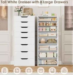 Drawer Dresser 8 with Groove Handles, White Tall Dressers, Modern Chest of Drawers with Large Storage Space for Home Office