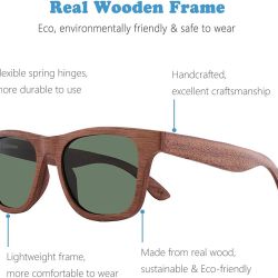 cloudfield Wood Frame Sunglasses for Men and Women with 9-Layer Polarized Lenses and Double Layer of UV Blocking Coating