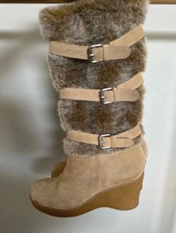 Tall Suede Wedge Boots with Faux Fur and Buckles