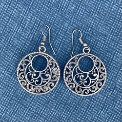 Boho Simple Carved Hollow Flower Design Silver Plated Dangle Earrings