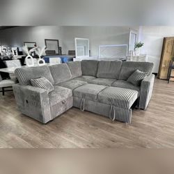 Gray Jumbo corduroy sectional pull out sofa bed sleeper sofa with USB out