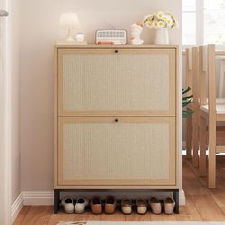 Narrow Shoe Storage Cabinet for Entryway with Natural Linen Panel, Freestanding Slim Shoe Cabinet with 2 Flip Drawers, Wood Shoe Organizer Closed Shoe