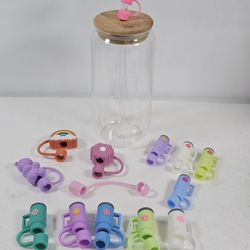 Mainstays Briar Can Glass Drinkware W/ Wood Lid Glass Straw & Silicone Toppers