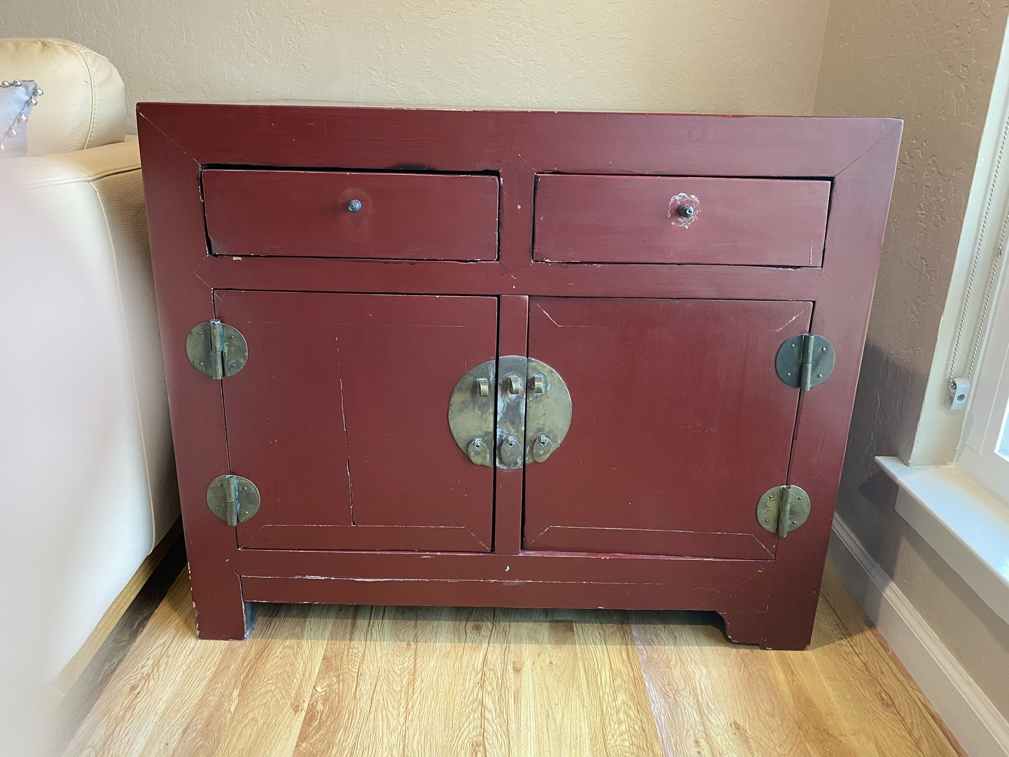 Vintage Chinese Wooden Cabinet w/Brass Accents