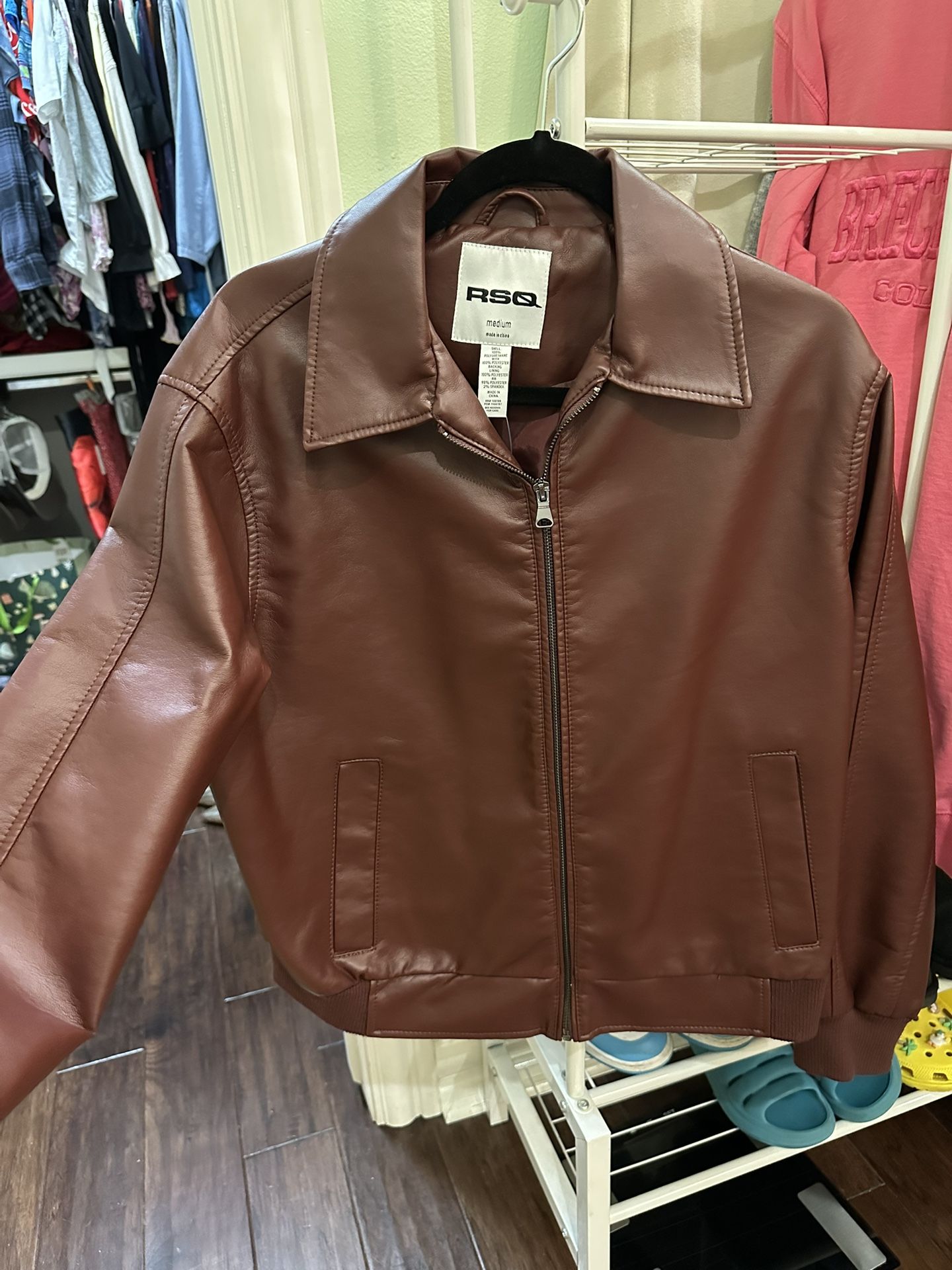 Burgundy leather bomber jacket