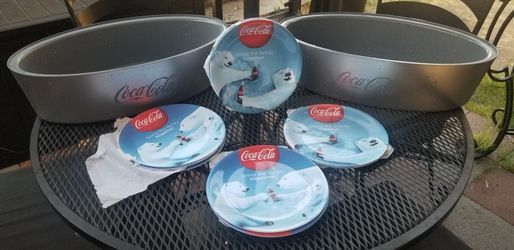 2 COCA COLA DECORATIVE BEVERAGE TUBS WITH A SET OF 10 RETRO COCA COLA BEAR PLATES