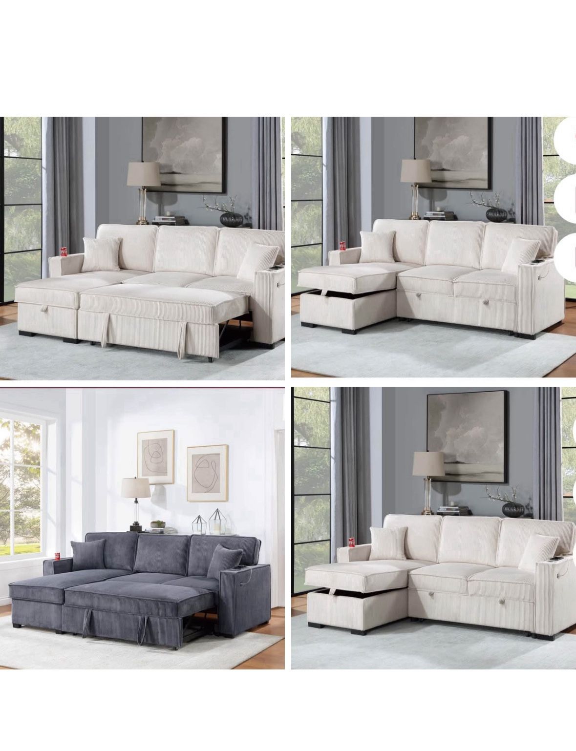 $369. 2-PCConvertible Sectional Sleeper Sofa W/ Cupholder Sofa Storage & USB Ports 89”x 59”X36”H