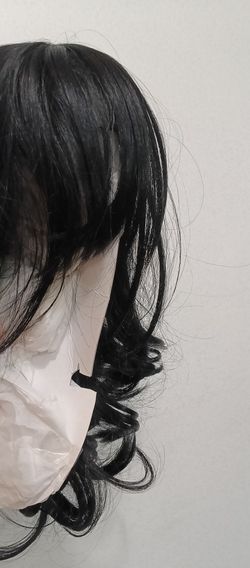 Black shoulder length Wavy Wig with Bangs
