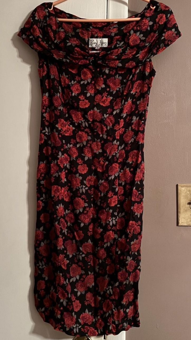 Vintage Paris Blues Rose Print Midi Dress