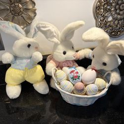 Easter Decor 3 Plush Bunny Cute Rabbit Stuffed 12” Dolls with Basket of Eggs