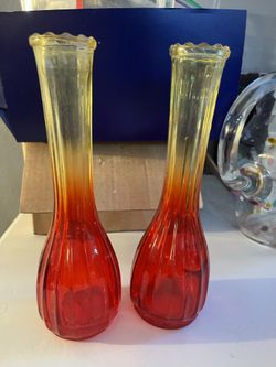 Pair Of mid century Amberina glass Bud vases 