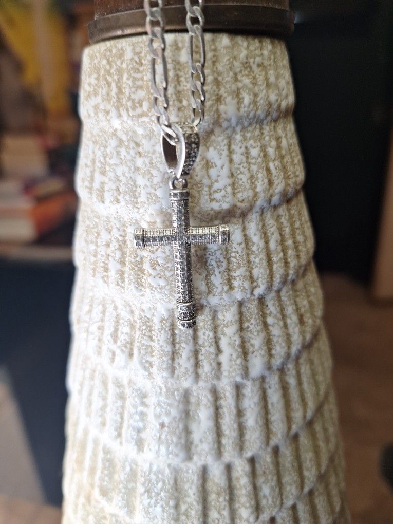 Mens Or Womans Antique/Vintage ITALIAN Silver Figaro Chain And Charm With Real DIAMONDS