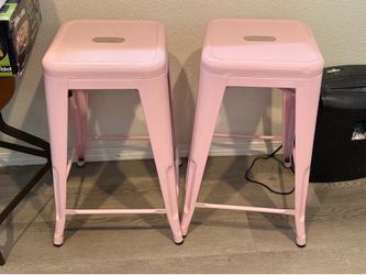 Pair of Pink Metal Counter Height Stools - 28” Tall Stackable