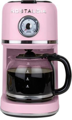 ostalgia Classic Retro 10 Cup Coffee Maker, Pink One-Touch Drip Brew, Reusable Filter - Anti-Drip, Auto Shutoff, & Time Display - Dishwasher Safe 50 o