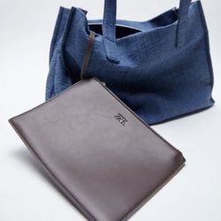 Zara Blue Denim Tote Bag with Top Zip 