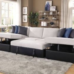 Brand New Beige Black Leather Sectional Sofa With Double Storage Chaise 