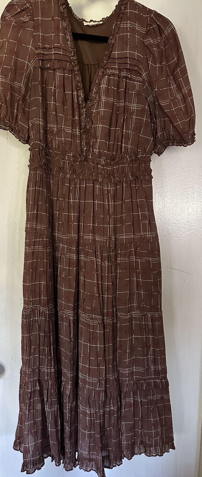 Brown Midi Sundress with Puff Sleeves and V-Neck