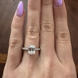 2 Carat Emerald Cut Moissanite Diamond Engagement Ring Pavé Band 