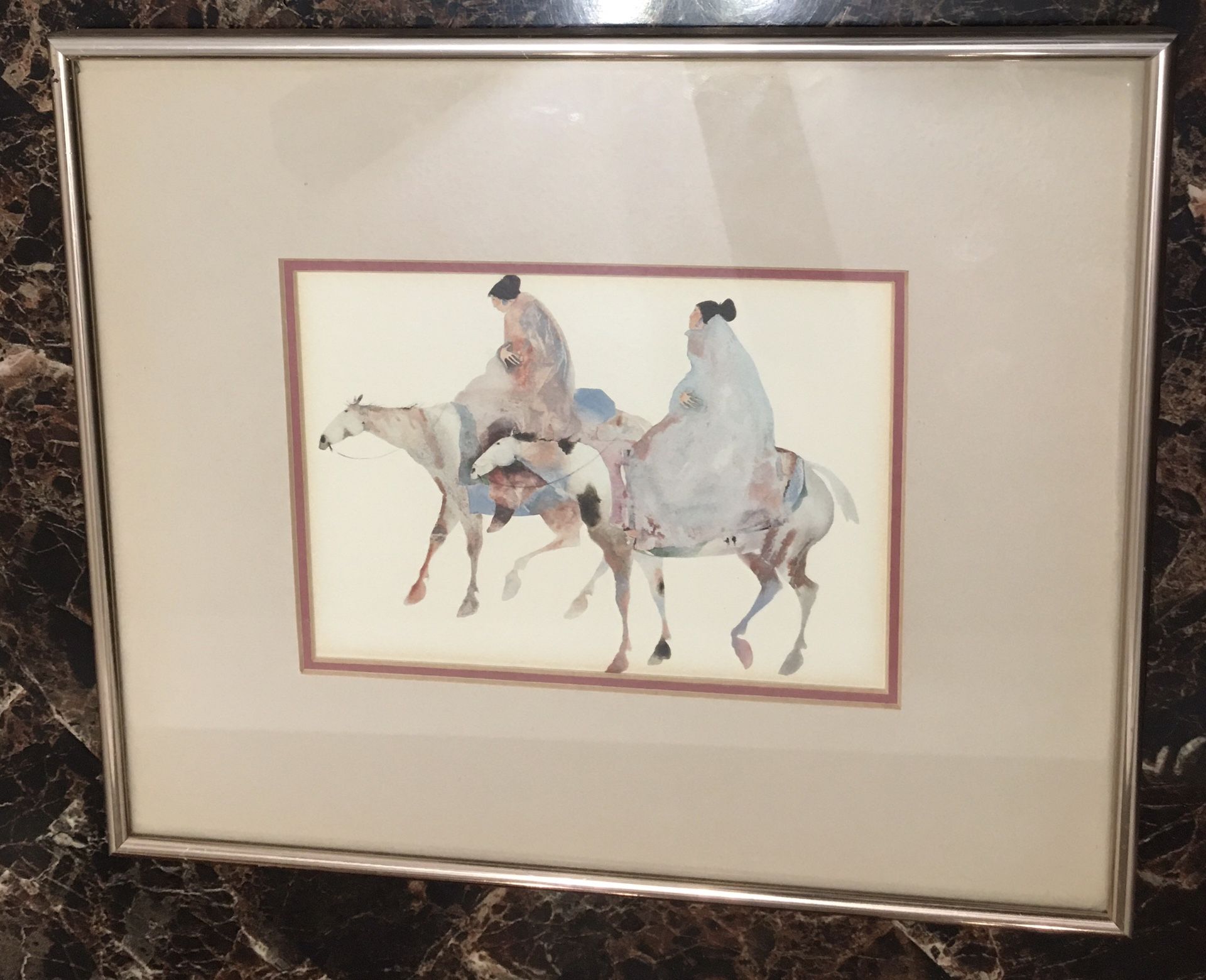 Carol Grigg Framed Print, Vintage 1980 Brides Walk, Gango Gallery, Native American Women on Horses, Watercolor