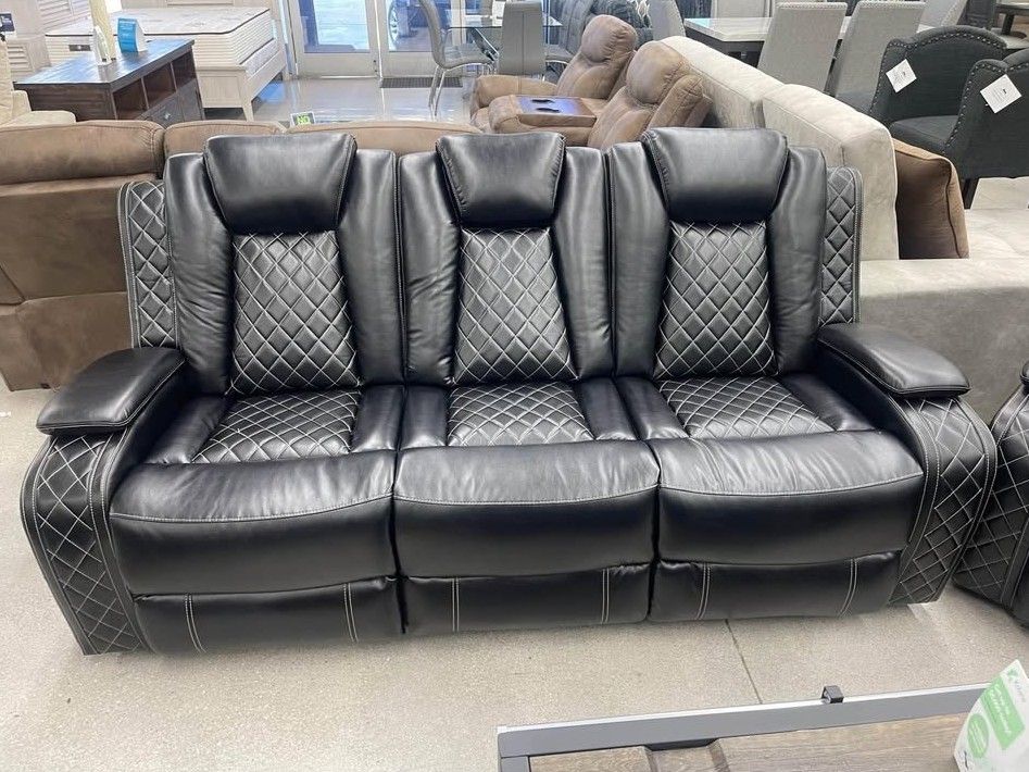 3PC Power recliner sofa set Black Breathing leather