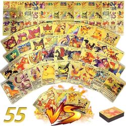 55 PCS Gold Foil Pokémon Style Cards – VMAX, GX, EX Rare Trading Cards Set – No Duplicates – Collectible Battle Deck – Premium Golden TCG Cards for Ki