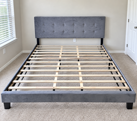 Queen Size Upholstered Bed Frame + Headboard – Gray