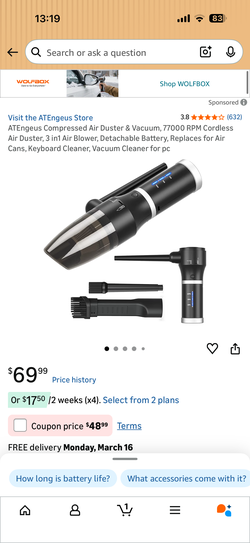 ATEngeus Compressed Air Duster & Vacuum, 77000 RPM Cordless Air Duster, 3 in1 Air Blower, Detachable Battery, Replaces for Air Cans, Keyboard Cleaner,