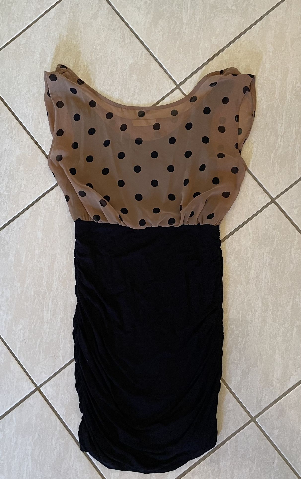 Lush Size Medium Black Rouched Bodycon Dress With Light brown & Black Polka Dot