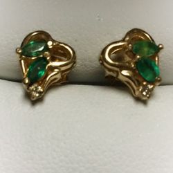 14K Yellow Gold Earrings with Emeralds & Diamond