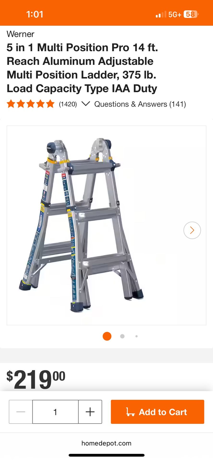 5 in 1 Multi Position Pro 14 ft. Reach Aluminum Adjustable Multi Position Ladder, 375 lb. Load Capacity Type IAA Duty
