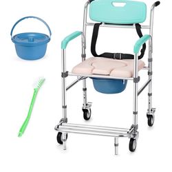 Rengue Shower Chair with Wheels,3-in-1 Bedside Commode Chair with Padded Seat,Detachable Bucket,Adjustable Transport Rolling Chair,330lbs Weight Capac