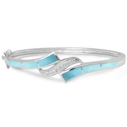 Beautiful Natural Larimar & CZ Silver Bangle Bracelet